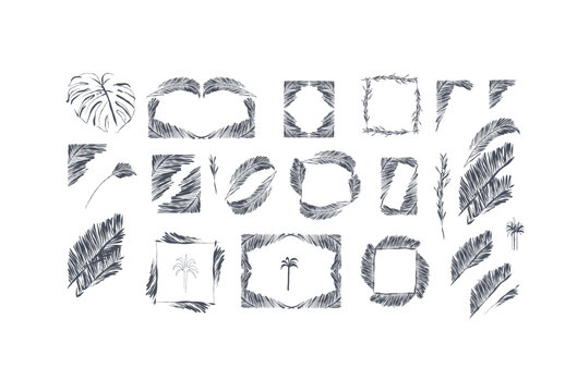Hand drawn vector abstract outline,graphic,line exotic tropical leaves ornament frames set in drawing elegant style.Elegant decoration vintage outline design isolated. Floral ornament border
