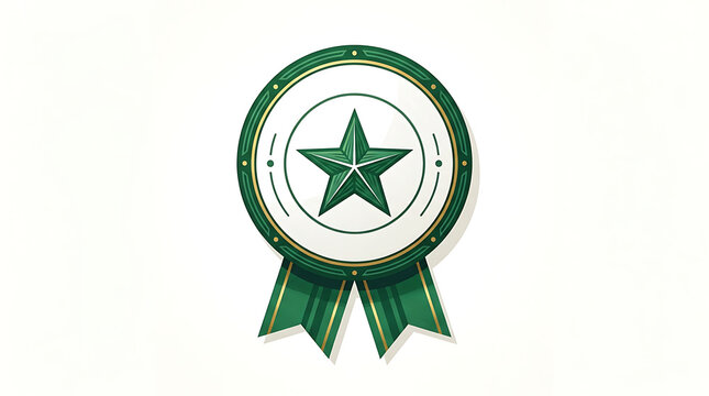 A green and white circular badge with a prominent green star in the center, featuring a matching green ribbon with gold stripes, symbolizing achievement and quality.