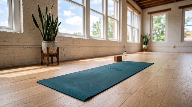 Empty yoga studio with a teal mat on hardwood floor, bright natural light, and indoor snake plants