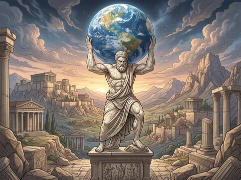 Atlas holding the Earth. Ancient Greek titan statue carrying the world in ruins.