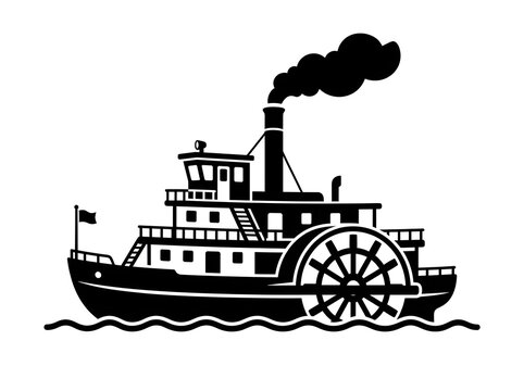 Black silhouette of a vintage paddle steamer riverboat floating on ocean waves with smoke from funnel