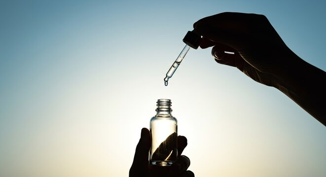 Silhouette of hands dispensing liquid into a small bottle against a blue backdrop
