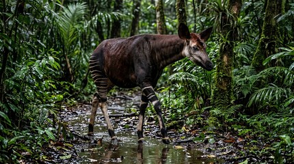Fototapeta premium Okapi walking in the rainforest. Rare forest giraffe in its natural jungle habitat.