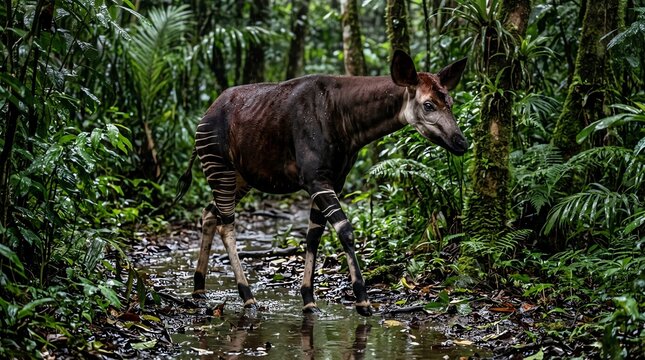 Okapi walking in the rainforest. Rare forest giraffe in its natural jungle habitat.
