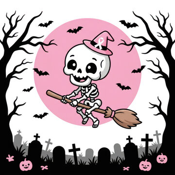 Cute skeleton witch flying on broomstick over graveyard with skeleton