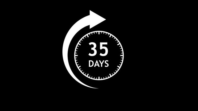 White circular arrow with 35 days counter animating progress against black background