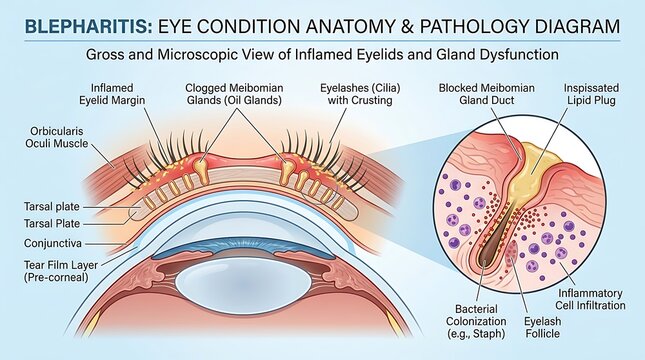 Detailed medical diagram of blepharitis showing the anatomy of inflamed eyelids, clogged meibomian oil glands, and microscopic view of bacterial colonization with inflammatory cell infiltration