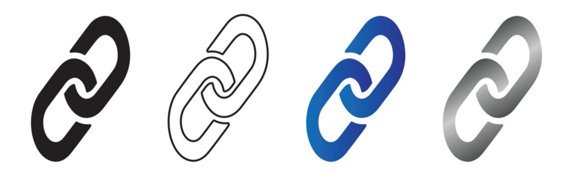 Hyperlink chain icon set, 4 vector link symbols in black, outline, blue and silver gradient styles, website connection and URL button elements