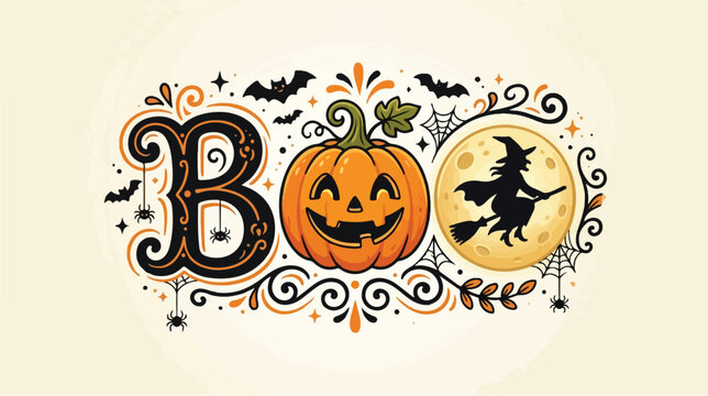Retro Halloween BOO text graphic with smiling pumpkin, flying witch silhouette, and bats on off white background.