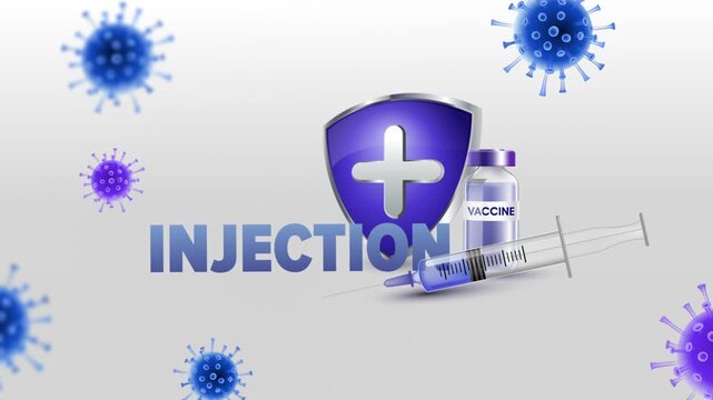 Injection Text with Medical Syringe, Vaccine Bottle and Protective Medical Shield on White Background