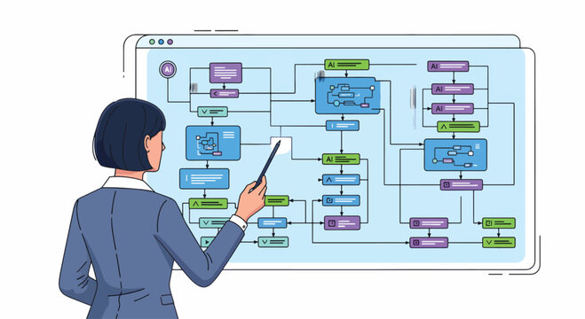 Business Process Flowchart Explanation: A businesswoman points to a complex business process flowchart displayed on a digital screen, illustrating workflow and strategy.