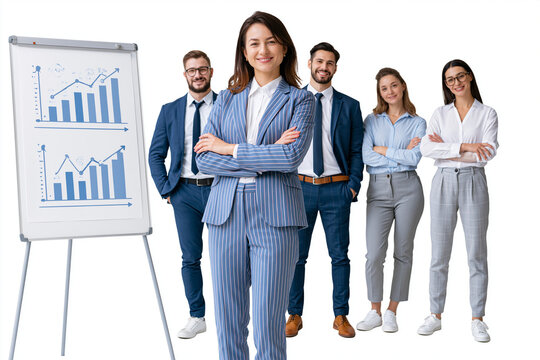 Businesswoman Leading Standing Team Meeting Isolated on White Background