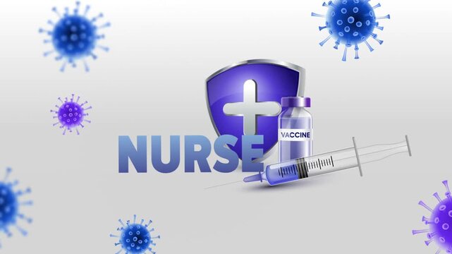 Nurse Text with Medical Syringe, Vaccine Bottle and Protective Medical Shield on White Background