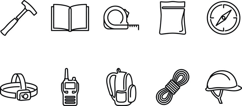 Geology field equipment icon set featuring hammer compass clinometer open notebook and headlamp single black line vector graphic illustration