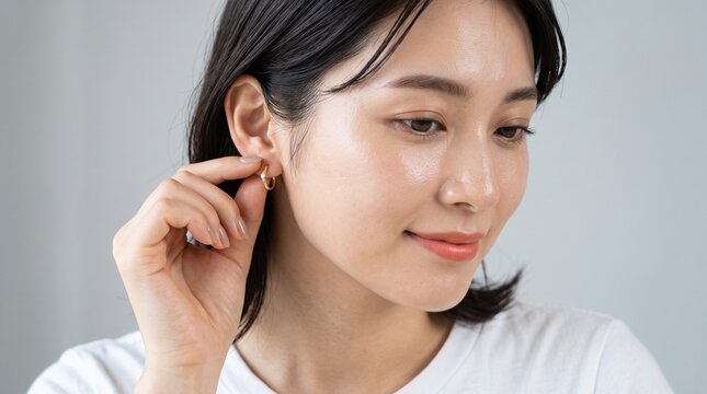 Elegant young asian woman gently touching her small golden earring while looking down with a soft smile in a bright studio setting with natural soft lighting