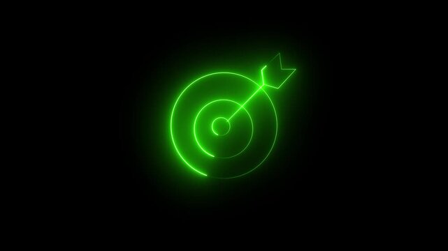 Glowing red neon target icon with arrow in center symbolizes purpose, focus and precision. business goals Neon animation video of precision target for success, achievement, strategy and direction.