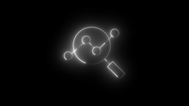 Neon analytics icon with bright cyan magnifying glass and line chart. Neon animation 4K video of data analysis, business reporting, performance metrics, analytics, monitoring, research.