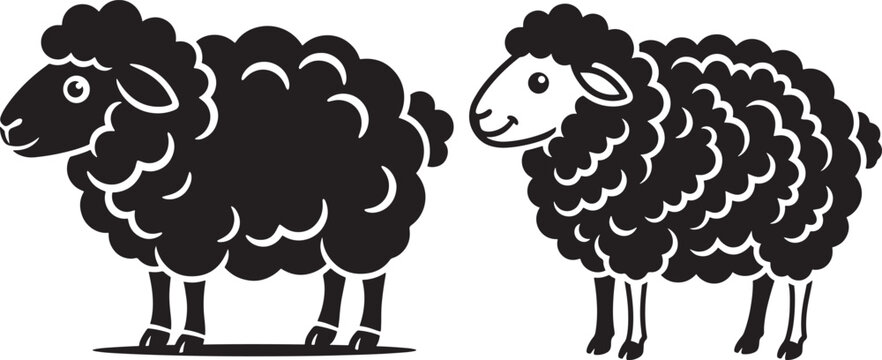 Two cute fluffy sheep farm animals standing black silhouette vector illustration isolated on white background with livestock, domestic