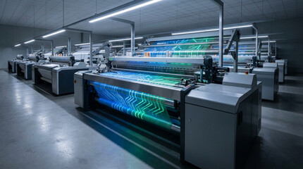 Obraz premium High tech textile manufacturing machines with glowing circuit patterns operate in spacious, modern factory producing advanced fabric designs