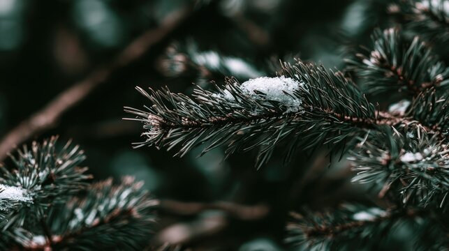 Close-up of a pine branch dusted with fresh winter snow