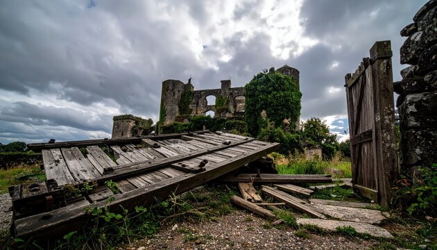 Derelict wooden gate and decaying castle ruins under dramatic stormy sky, historical landmark overgrown with nature