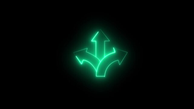 Glowing neon green icon featuring three arrows branching out in different directions (left, straight, and right) from a single origin point against a black background. 