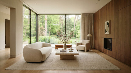 Fototapeta premium Luxury Minimalist Living Room with Cream Furniture and Travertine Table