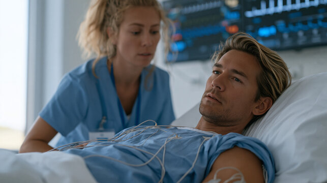 A cardiology technician attaches electrode patches to a resting patient in a clean clinical suite, monitoring wires arranged with careful precision as digital readouts pulse