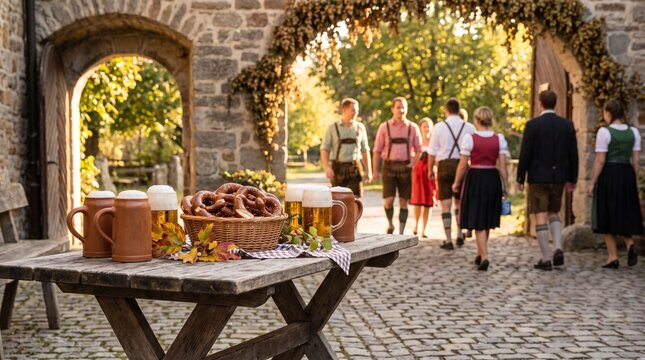 People in Traditional Bavarian Attire Enjoying a Sunny Afternoon with Beer and Pretzels at a Historical Stone Courtyard