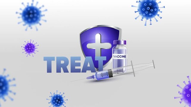 Treat Text with Medical Syringe, Vaccine Bottle and Protective Medical Shield on White Background