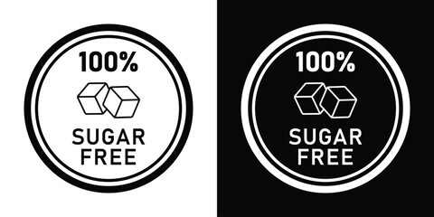 Obraz premium Circular 100% Sugar Free badge stamp icon with sugar cube graphic. Black and white vector emblem for low-sugar food packaging and health product labeling design.
