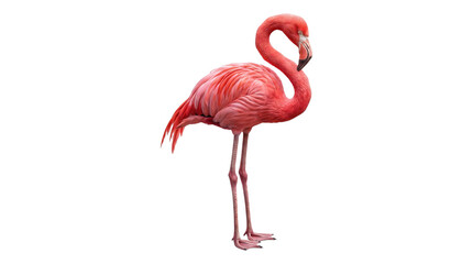 Fototapeta premium Beautiful pink flamingo bird standing gracefully on long slender legs, showcasing its vibrant plumage.
