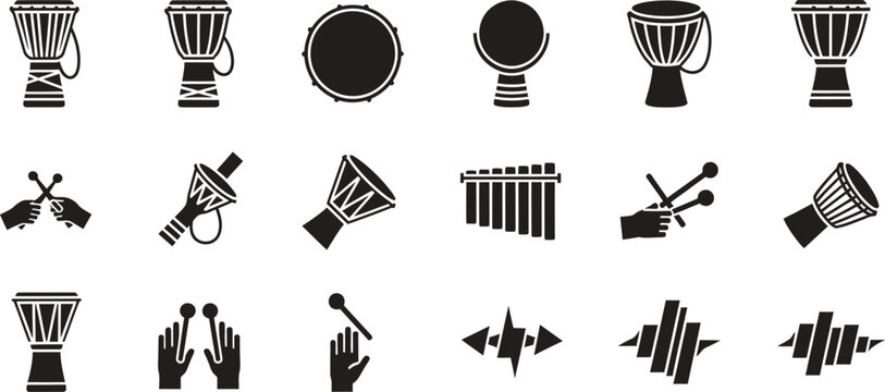 Collection of musical instruments and sound effects icons with tam bass drum, snare drum