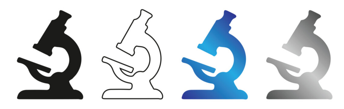 Microscope icon set in vector format, scientific laboratory equipment symbols, 4 medical research tool icons in black blue and silver styles