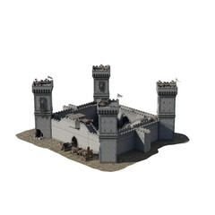 A 3D rendered model of a medieval stone castle with four towers isolated on white background. © Galwis