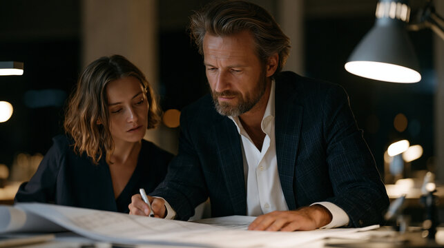 A forensic accountant at a government office reviews a printout of flagged transaction data spread across a wide desk, highlighting inconsistencies with a marker while a second