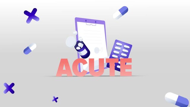 Acute Typography with Medical Clipboard, Pill Bottle, Capsule Blister Pack and Pills on White Background