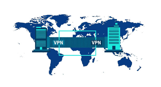 Global VPN Network Illustration Showing Secure Encrypted Connection Tunnel between Corporate Buildings on World Map Background
