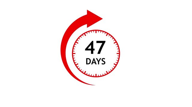 Countdown clock graphic with rotating arrow signifying time passing towards forty seven days remaining