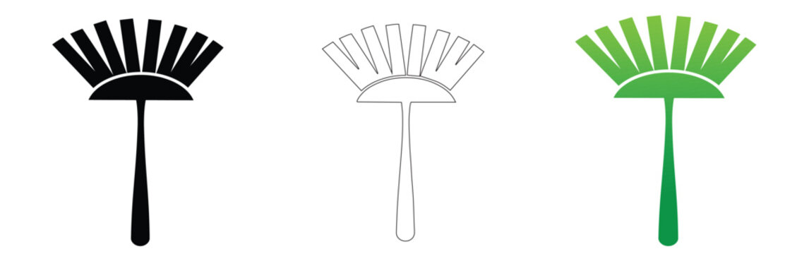 Minimalist cleaning duster icon set, 3 vector brush elements for housekeeping, black and green feather duster symbols for sanitation services