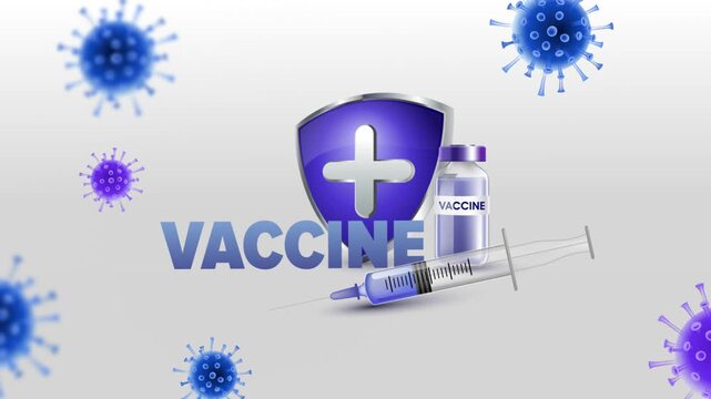 Vaccine Text with Medical Syringe, Vaccine Bottle and Protective Medical Shield on White Background