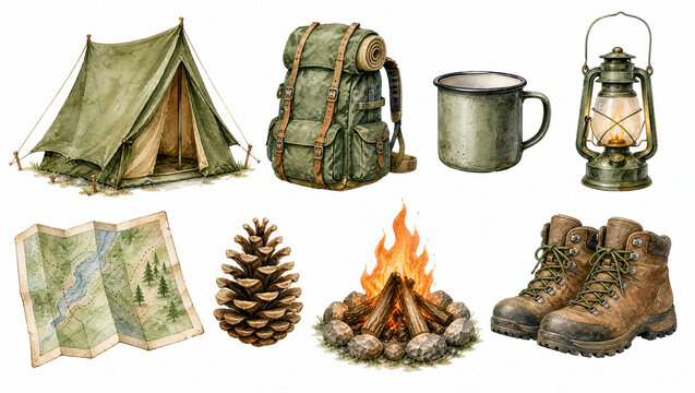 Watercolor camping clipart set with tent and backpack. Illustration isolated on white for nature adventure design