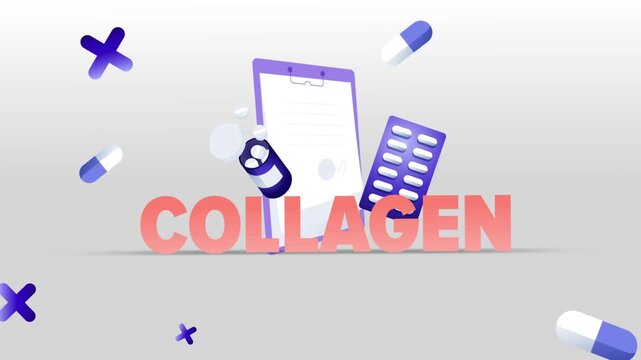 Collagen Typography with Medical Clipboard, Pill Bottle, Capsule Blister Pack and Pills on White Background