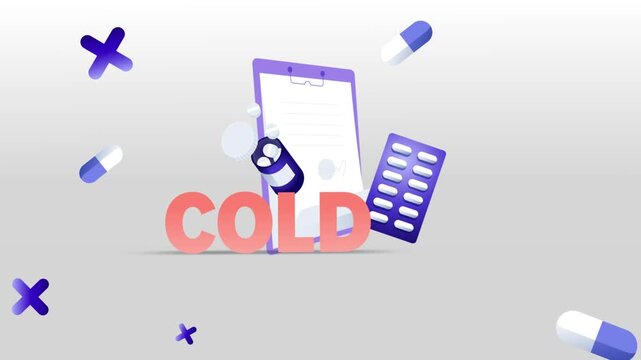 Cold Typography with Medical Clipboard, Pill Bottle, Capsule Blister Pack and Pills on White Background