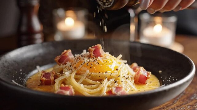 Delicious Steaming Spaghetti Carbonara with Crispy Bacon and Grated Parmesan Cheese in a Restaurant