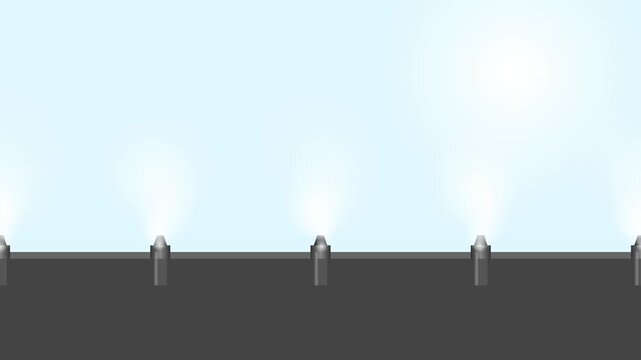 Animated concept of urban mist featuring bright city skyline, rooftop details, potted plants on a balcony, merging water droplets, and stylized people