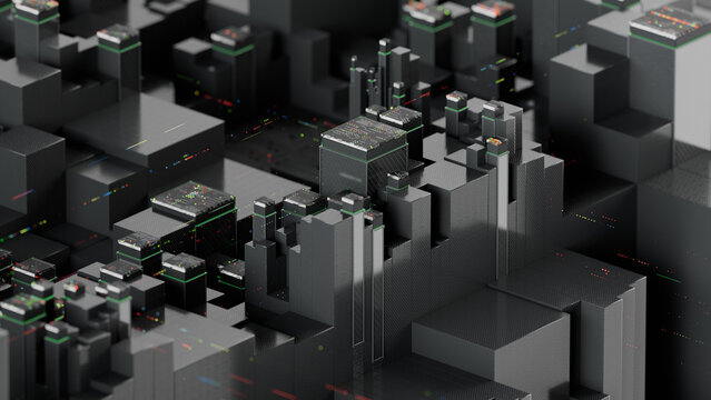 Abstract futuristic macro technology background, 3d render of black server blocks with glowing green led circuits and copy space. 3d rendering illustration not AI