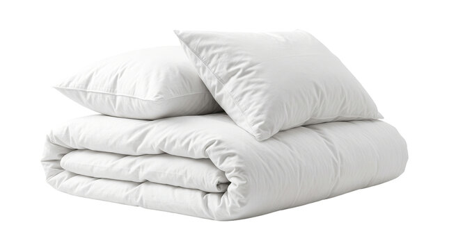 Soft white pillows and folded duvet set neatly arranged isolated on transparent png background.
