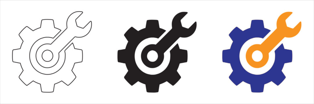 Industrial gear and wrench icon set, mechanical repair and maintenance symbols in vector format, technical support and engineering service signs