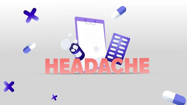 Headache Typography with Medical Clipboard, Pill Bottle, Capsule Blister Pack and Pills on White Background